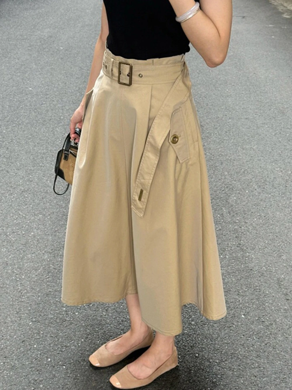 Vintage High Waist Belted Midi Skirt Women A‑Line Flared Front Pleat Side Pocket Design Casual Commute Khaki Long Skirt
