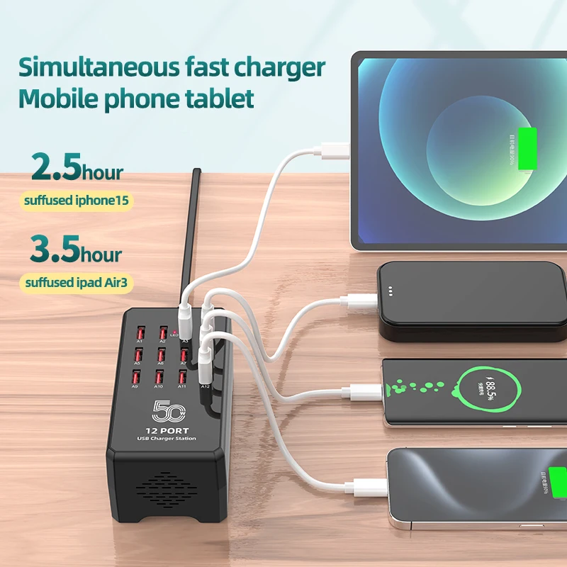 Ładowarka GaN 50W, 12-portowa stacja szybkiego ładowania USB C PD3.1 do iPhone 17 16 15 14 13 Pro Max Samsung MacBook Xiaomi