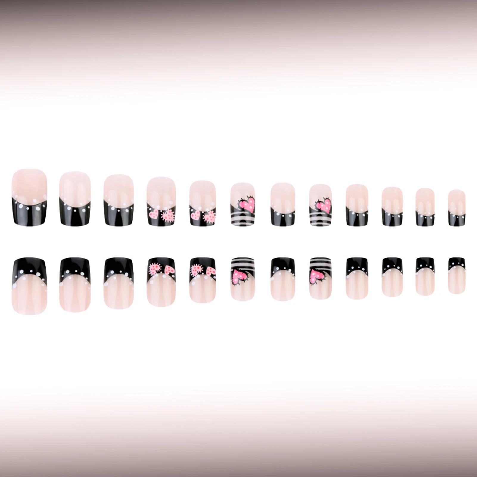 Y2K – faux ongles français noirs pour filles, 24 pièces, courts, carrés, à pression, rose, amour, cœur/points imprimés, manucure à breloques pour la saint-valentin