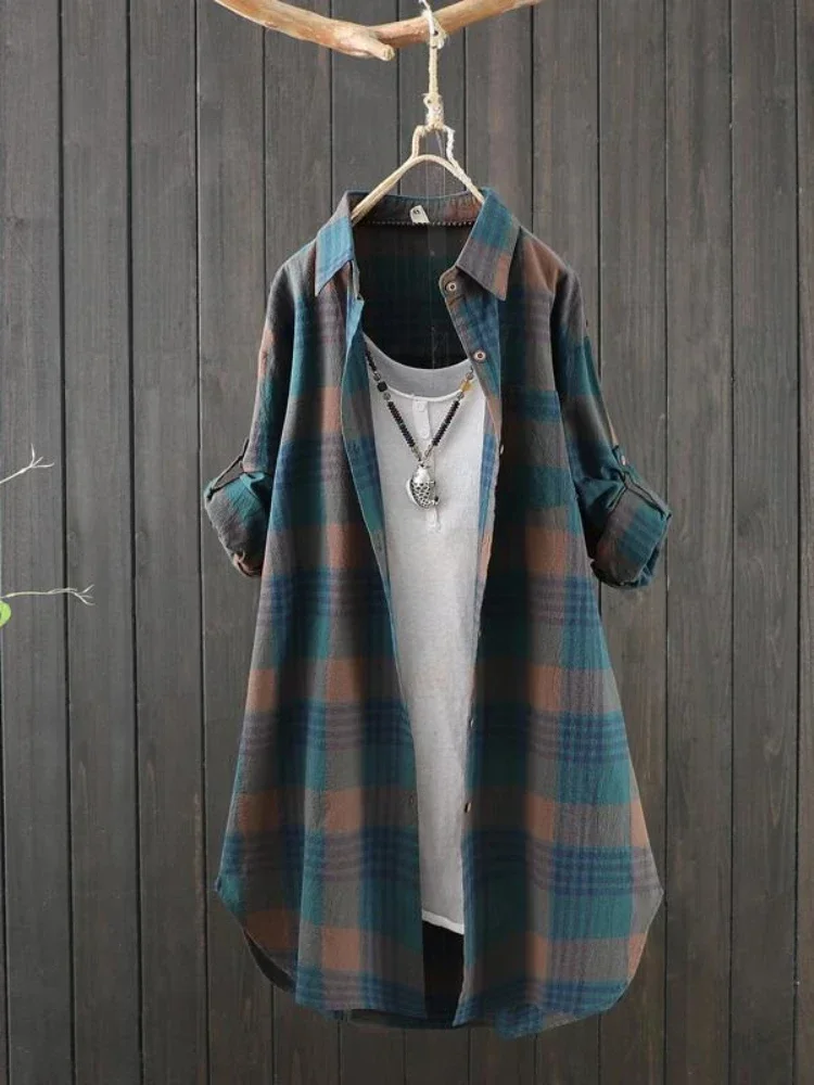 Long Sleeve Loose Casual Plaid Blouse Thick Autumn 2024 Shirt Women Turn-down Collar Winter Female Vintage Blouses