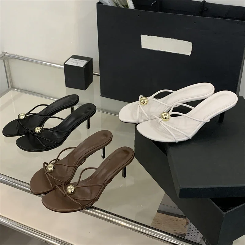 Aneikeh Design Narrow Band Hollow Out Thin Low Heels Women Slippers Fashion Round head Stripper Party Dress Female Summer Shoes