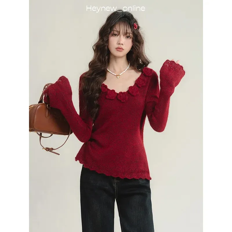 Women Retro 3D Floral V Neck Knit Sweater Ruffle Cuff Long Sleeve Inner Tops Winter S-3XL