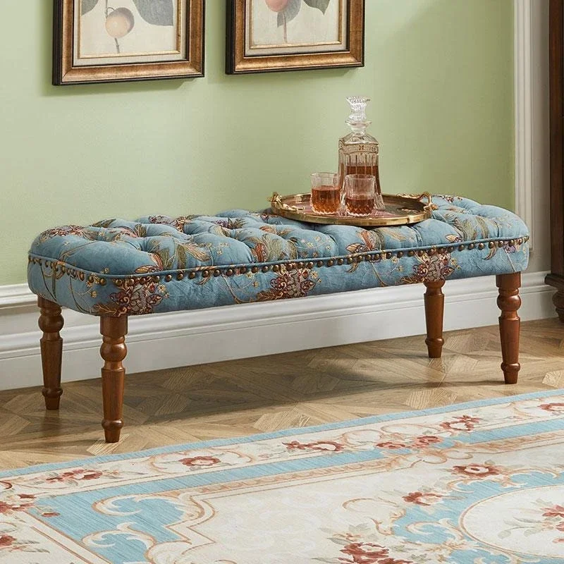 American all-solid wood bedside stool Fabric soft bag sofa stool European retro light luxury living room coffee table pedal benc