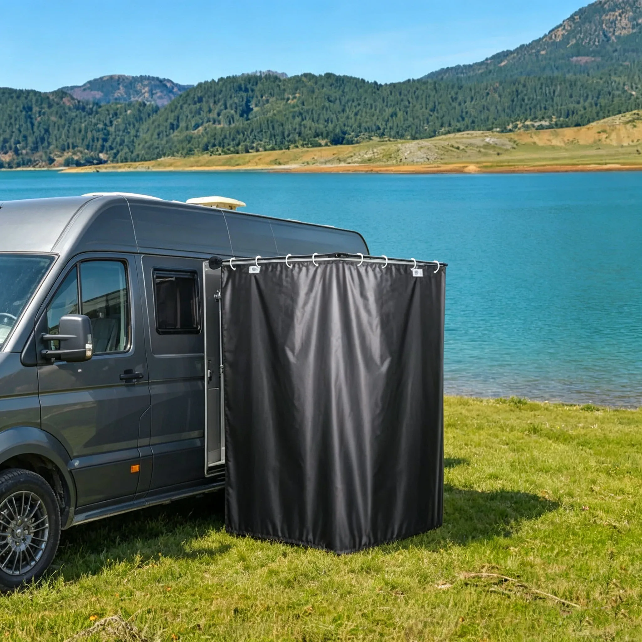 Camping Motorhome Shower Stall Enclosure Kit With Magnetic Bracket Rod & Curtain For Caravan Outdoor