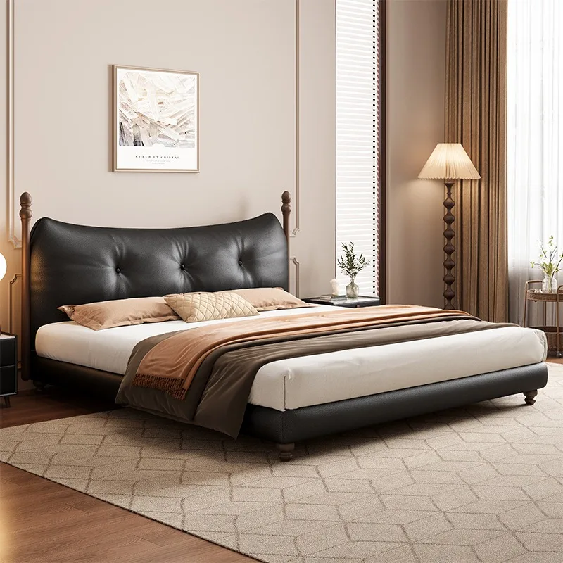 American vintage genuine leather bed, double storage bed, solid wood first-grain cowhide French upholstered bed