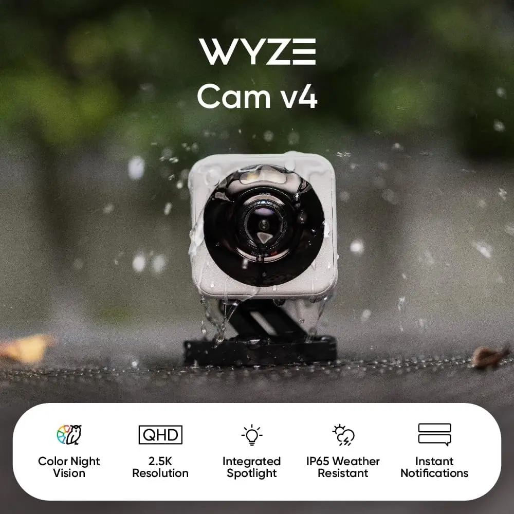 

Wyze Cam v4, 2K HD Wi-Fi Smart Home Security Camera, Indoor/Outdoor Use, Pet/Baby Monitor, Motion Activated Spotlight/Siren,