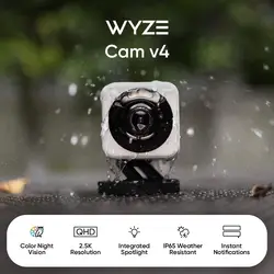 Wyze Cam v4, cámara de seguridad inteligente para el hogar con Wi-Fi 2K HD, uso interior/exterior, monitor para mascotas/bebés, foco/sirena activada por movimiento,