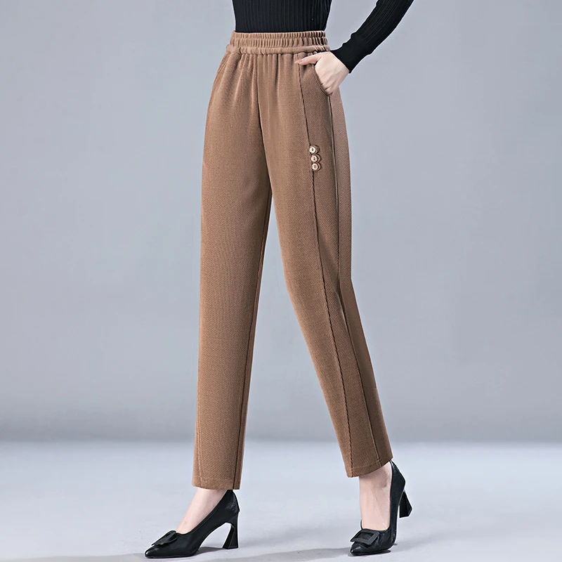 Autumn New Corduroy Straight Pants Women Elastic Waist Solid Pocket Loose Casual Middle-aged Button Trousers plus Size