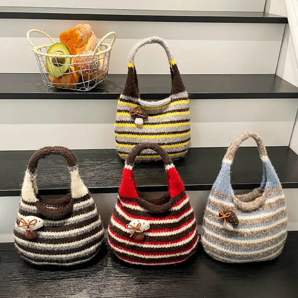 

Cute Japanese Style Little Mushroom Handbag Color-Block Striped Knitted Wrist Bag Retro Creative Wool Bucket Bag Shopping Bag