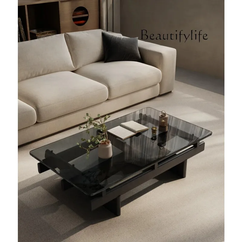 

Minimalist tempered glass black coffee table designer wabi sabi wind new living room home solid wood tea table modern simplicity