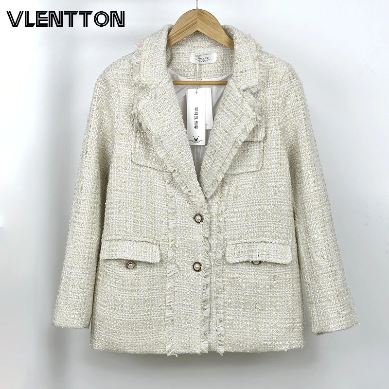 Women Sequins Tweed Blazer Jacket 2025 Autumn Elegant Long Sleeve Tailoring Coat Office Lady Outerwear