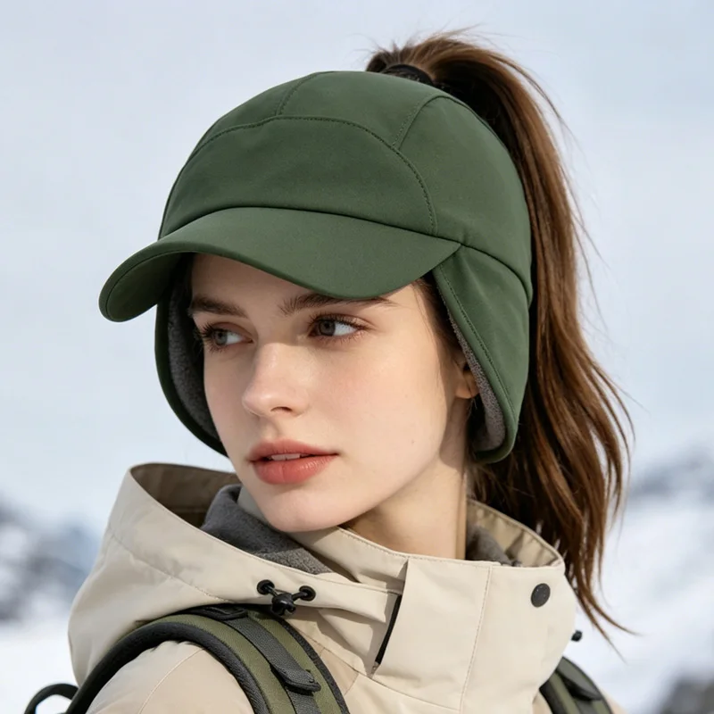 Women Winter Baseball Cap with Ear Flaps Warm Woman Ponytail Hats Adjustable Fleece Lined Outdoor Sports Cap for Running Hiking