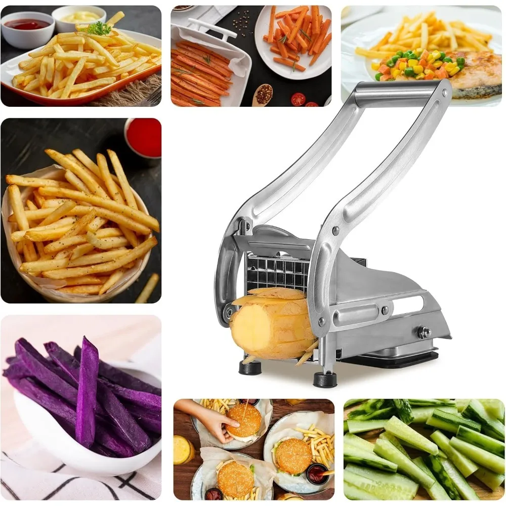 Professional Stainless Steel French Fry Cutter with 2 Blades Heavy Duty Potato Slicer for Fries Vegetables Carrots & Cucumbers
