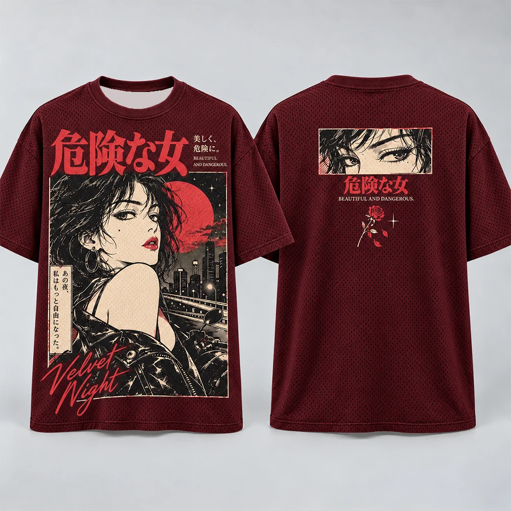 Vintage Japanese Anime Beautiful And Dangerous Girl Double Sided Print Mesh T-shirt Loose Streetwear Breathable Tee