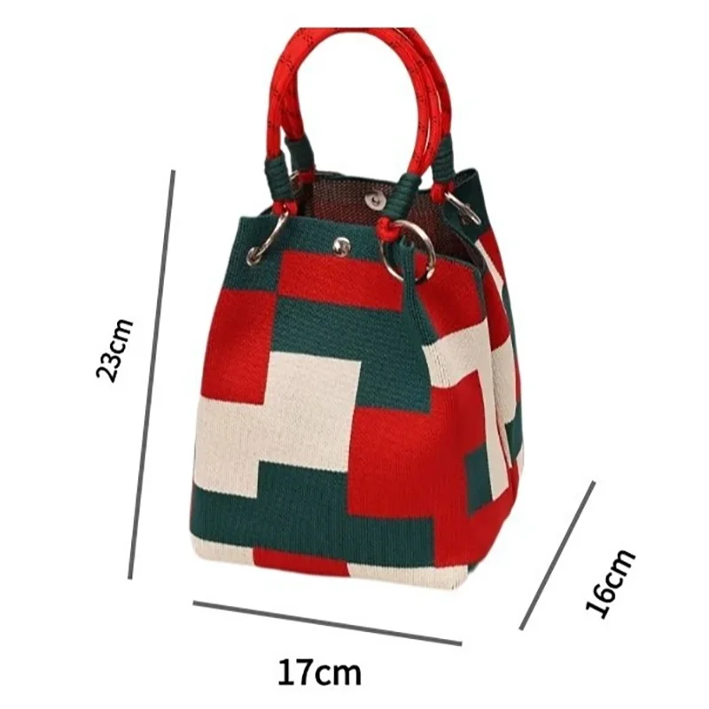 Metal Ring Handbag Fashionable Women'S Bucket Bag Knit Tote Bag Spacious Color Block Handbag For Leisure Travel Daily Commuting image 6