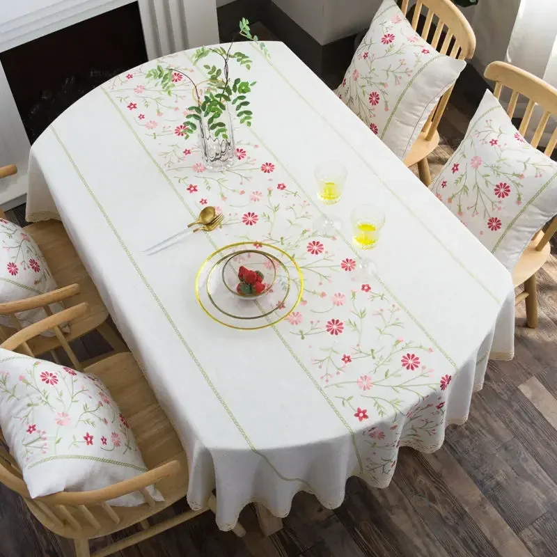 

Oval Tablecloth with Floral Embroidery, Linen Fabric, Ellipse Table Cover, Rustic Dining Table Cloth, Home Decorative, 185cm