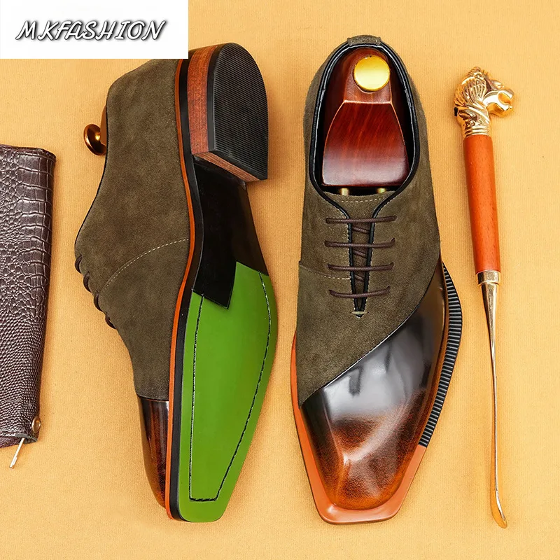 Men Genuine Leather Suede Patchwork Business Formal Oxford Shoes Square Toe Lace Up Flats Footwear