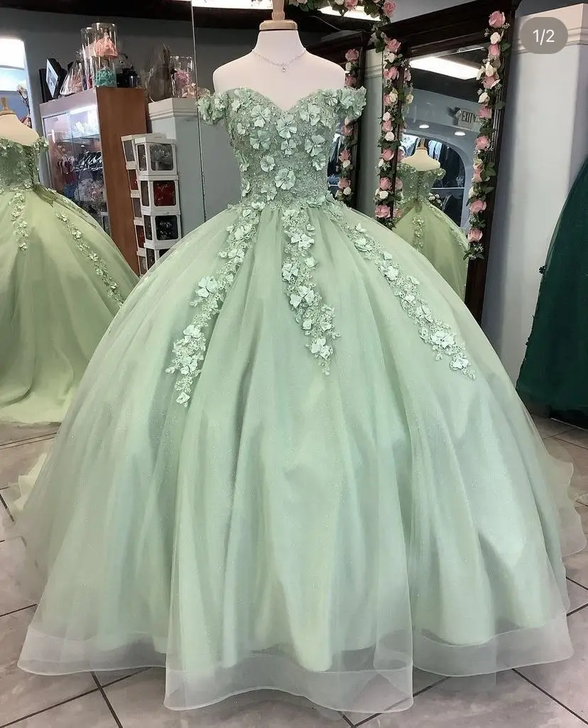 ANGELSBRIDEP Sage Green Quinceanera платья 3D цветочные цветы аппликации кружевной корсет с открытыми плечами для милых девочек 15, индивидуальный заказ