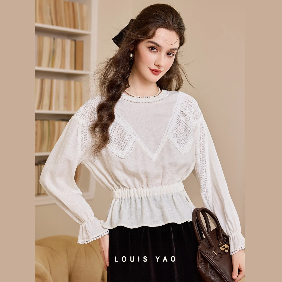 

LOUIS YAO French Romantic Women's Blouse 2026 Spring/Autumn Lace Trim Hollow Out Splicing Long Sleeve Pullover Shirt