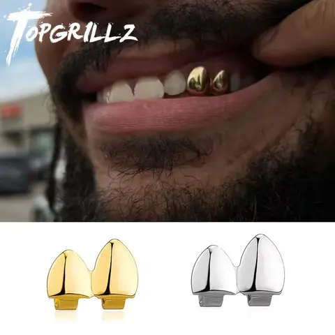 TOPGRILLZ Double Glossy Teeth Grillz Gold Silver Color Tooth Caps Fangs Dental Grills For Women Men Jewelry Cosplay Halloween
