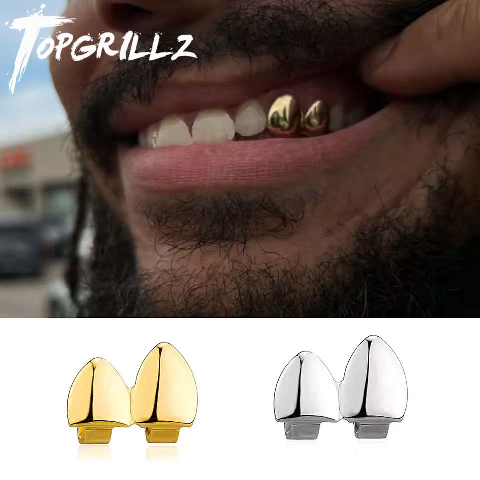  TOPGRILLZ Double Glossy Teeth Grillz Gold Silver Color Tooth Caps Fangs Dental Grills For Women Men Jewelry Cosplay Halloween 