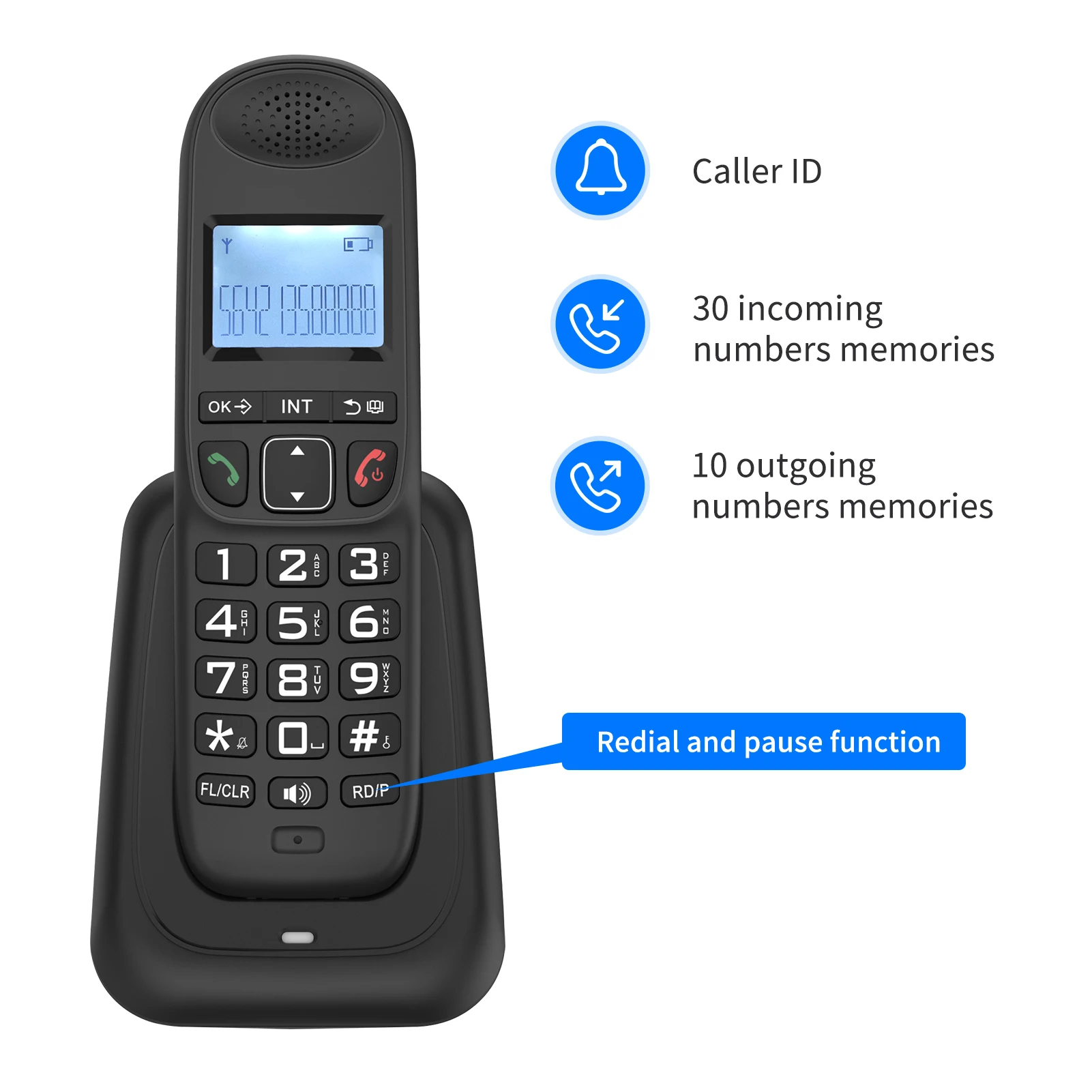 Expandable Cordless Phone System with 3 Lines Display Caller ID Support 5 Handsets Connection 50 Phone Book Memories Hands-