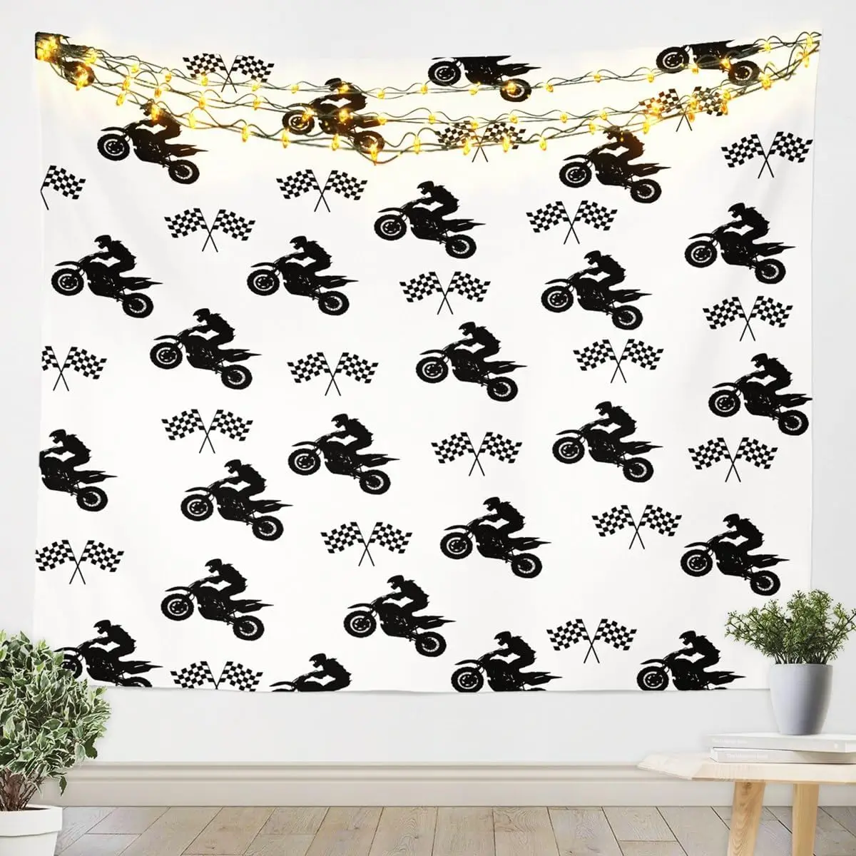 Kids Dirt Bike Tapestry Vintage Motorcycle Tapestry Wall Hanging for Teens Kids Boys Extreme Sports Wall Tapestry White Black