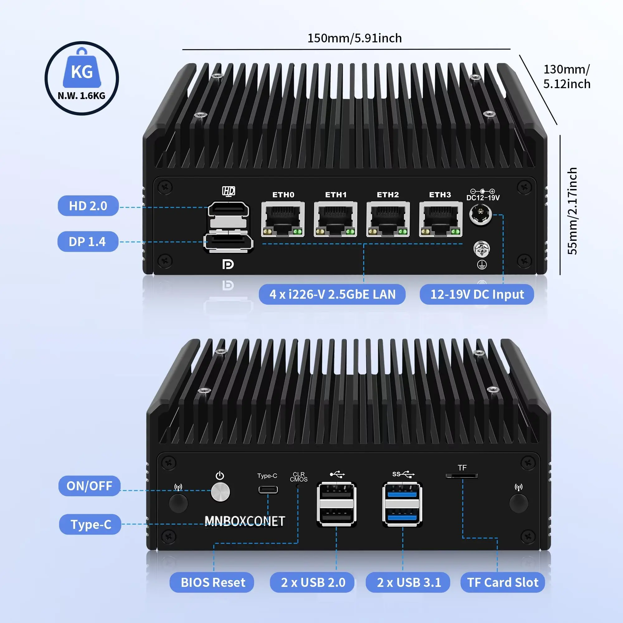 MNBOXCONET Mini PC senza ventola AMD Ryzen 5 5500U (6C/12T), Micro Firewall Computer desktop Office Win 11 Pro, DDR4 16 GB RAM 1 TB NVME