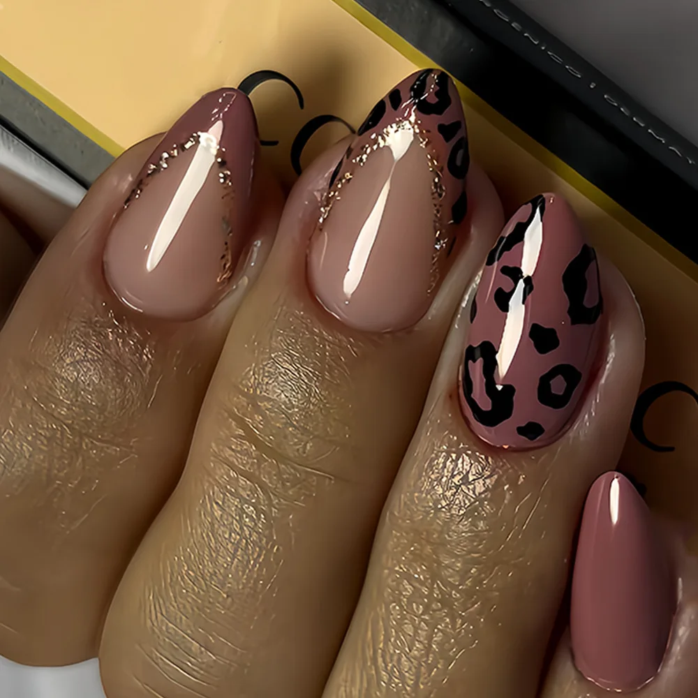 24 قطعة الأظافر كاذبة بسيطة الخريف موضة زهرة يترك نمط تصميم منتصف طول اللوز الصحافة على الأظافر مجموعات البيضاوي أظافر وهمية نصائح #3