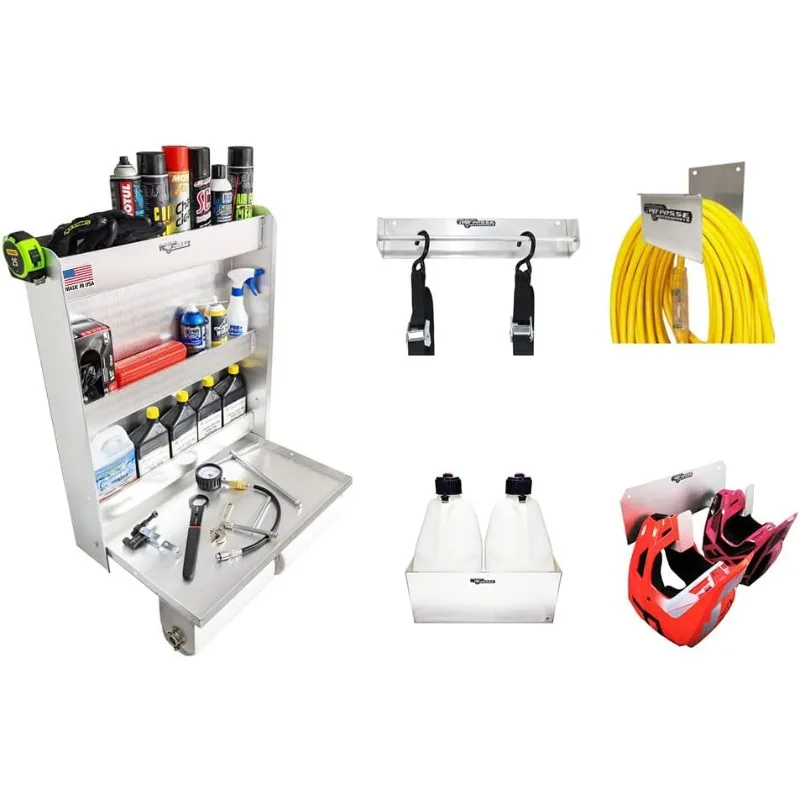 Pit Posse PP3304 Trailer Garage Cabinet Organizer Kit- Work Station Cabinet,Tie Down Ratchet Strap Rack,Cord/Hose Hanger