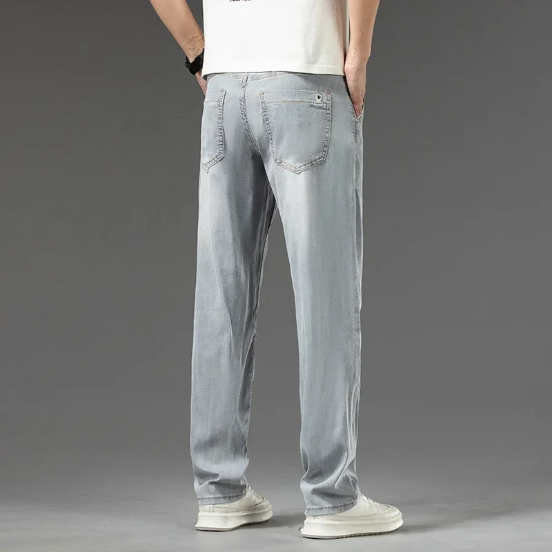 الرجال ليوسيل لينة رقيقة الجينز ضوء اللون مستقيم فضفاض بناطيل كاجوال الأعمال موضة الذكور الملابس مرونة الدينيم السراويل #3