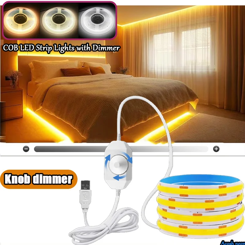 1m/2m/3m/5m/ COB LED Strip Lights with Dimmer, 8mm Width, USB Interface, High Brightness, Dotless Cuttable Tape for d Home