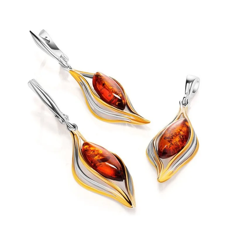 Retro literary earrings, independent station new simple amber flower champagne painting oil earrings