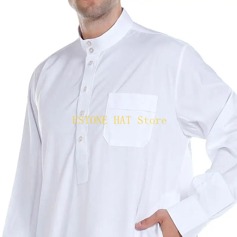 49MF Ramadan Muslim Dress Abayas Dubai Casual Kaftan Robe Islamic Costume with Long Sleeve Stand Collar Thobe Gift for Men