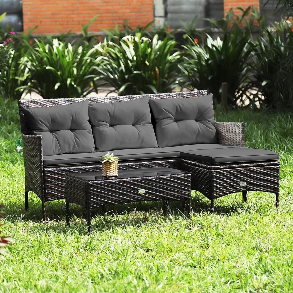 Outdoor Rattan Patio Conversation Set with Tempered Glass Top Table and 5 Cushioned Seats