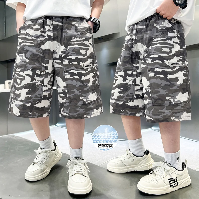 Tweens Boys Camo Cargo Shorts with Pocket Teenage Child Outdoor Loose Style Military Tactical Work Shorts Kids Camouflage Pants