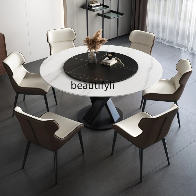 Light Luxury Rock Plate Round Table with Turntable Household Small Apartment Italian Dining Table and Chairs Round Dining Table