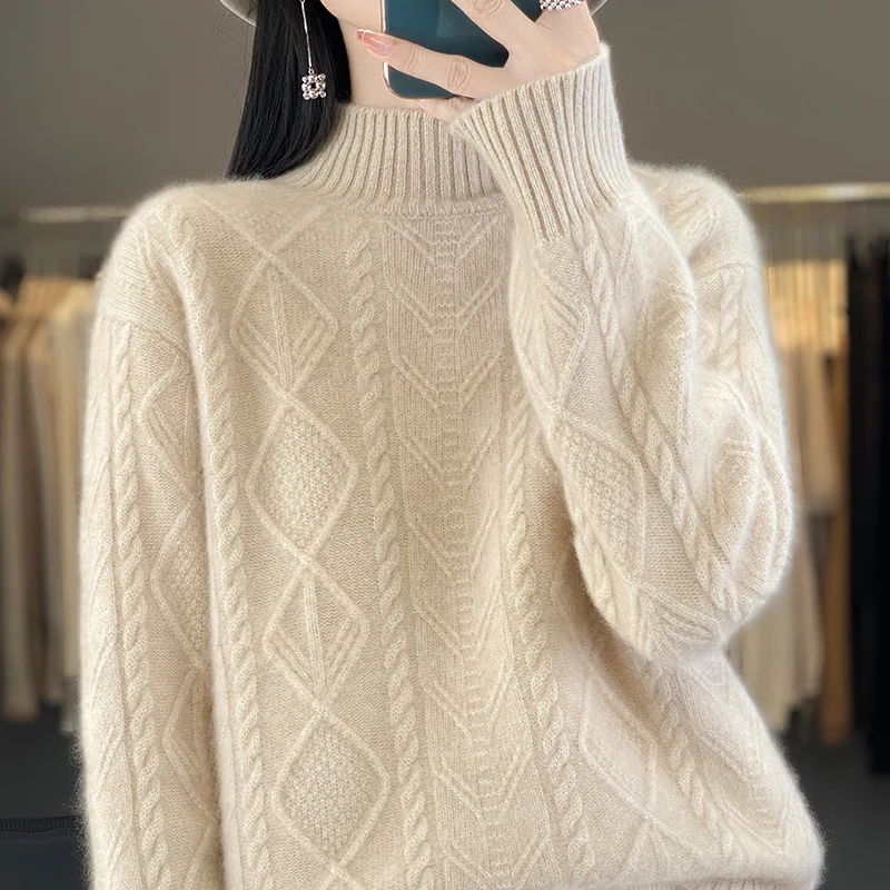 Autumn and winter thick women\'s sweater turtleneck pullover 100% Merino wool soft warm cashmere sweater Korean top.