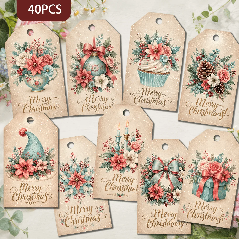 40pcs, Vintage Floral Christmas Decorative Tags, Holiday Gift Labels, Party Decorations, Handmade Packaging Accents, Jute Rope