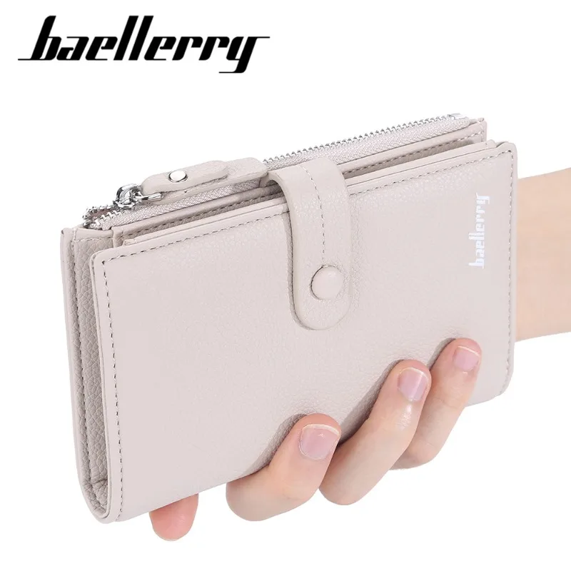 Baellerry Ladies Long Wallet 3-Fold Fashion Coin Purse with Phone Holder Button Clasp Bank Card & ID Card Storage Holder