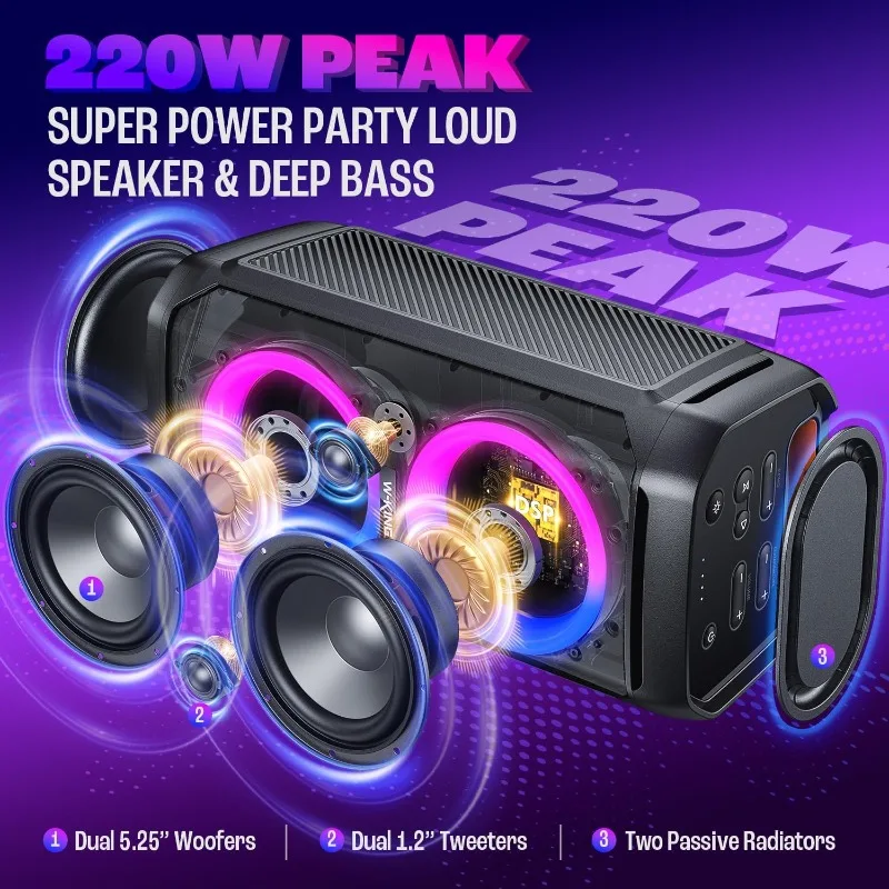 220W Peak Party Bluetooth Speakers,Deep Bass 115 dB Loud Portable Speaker Wireless Large Boombox,IPX6 Big Waterproof Speaker