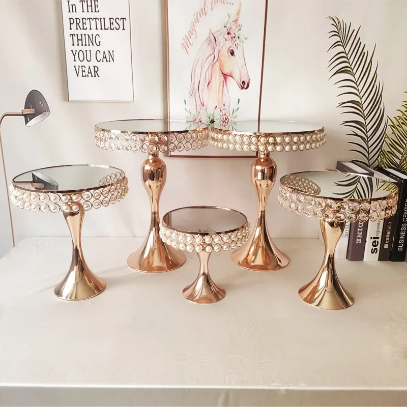 Cake Stand Round Metal Dessert Display Cupcake Wedding Party Birthday Cup Pearl Crystal Mirror Gold Pedestal Set Event Supply