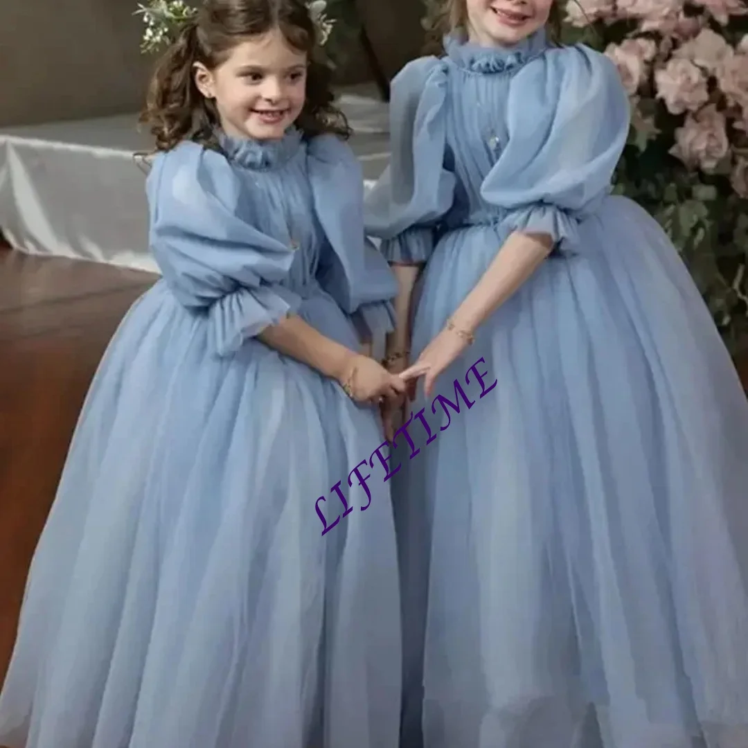 

Синее платье принцессы для девочек по индивидуальному заказу, пышное платье с длинными рукавами для дня рождения, костюм, детский новый детский наряд, платье