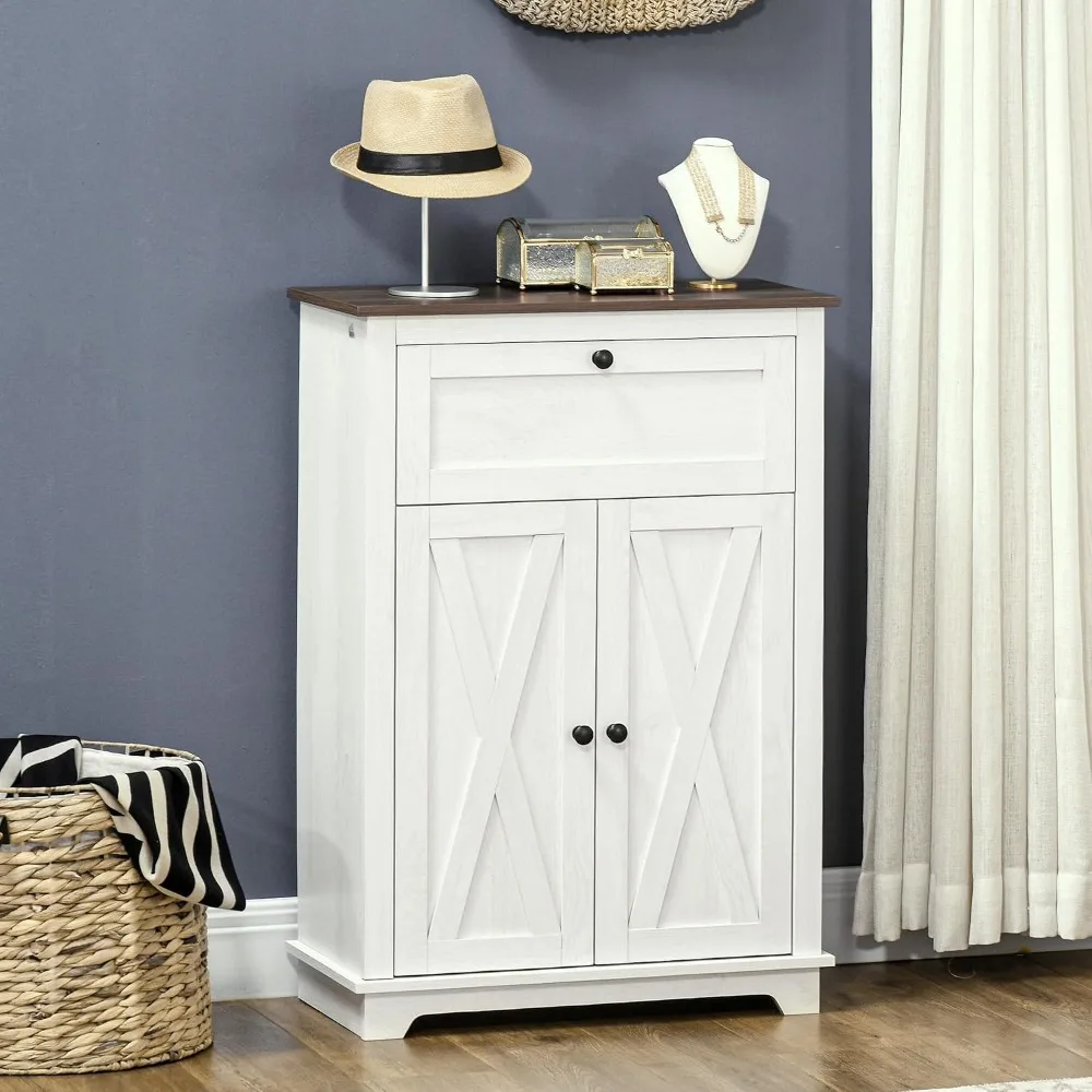 HOMCOM Farmhouse Barn Door Accent Cabinet with Double Doors White | Kitchen Sideboard Storage Cabinet, Drawer, Adjustable Shelf, for Living Room