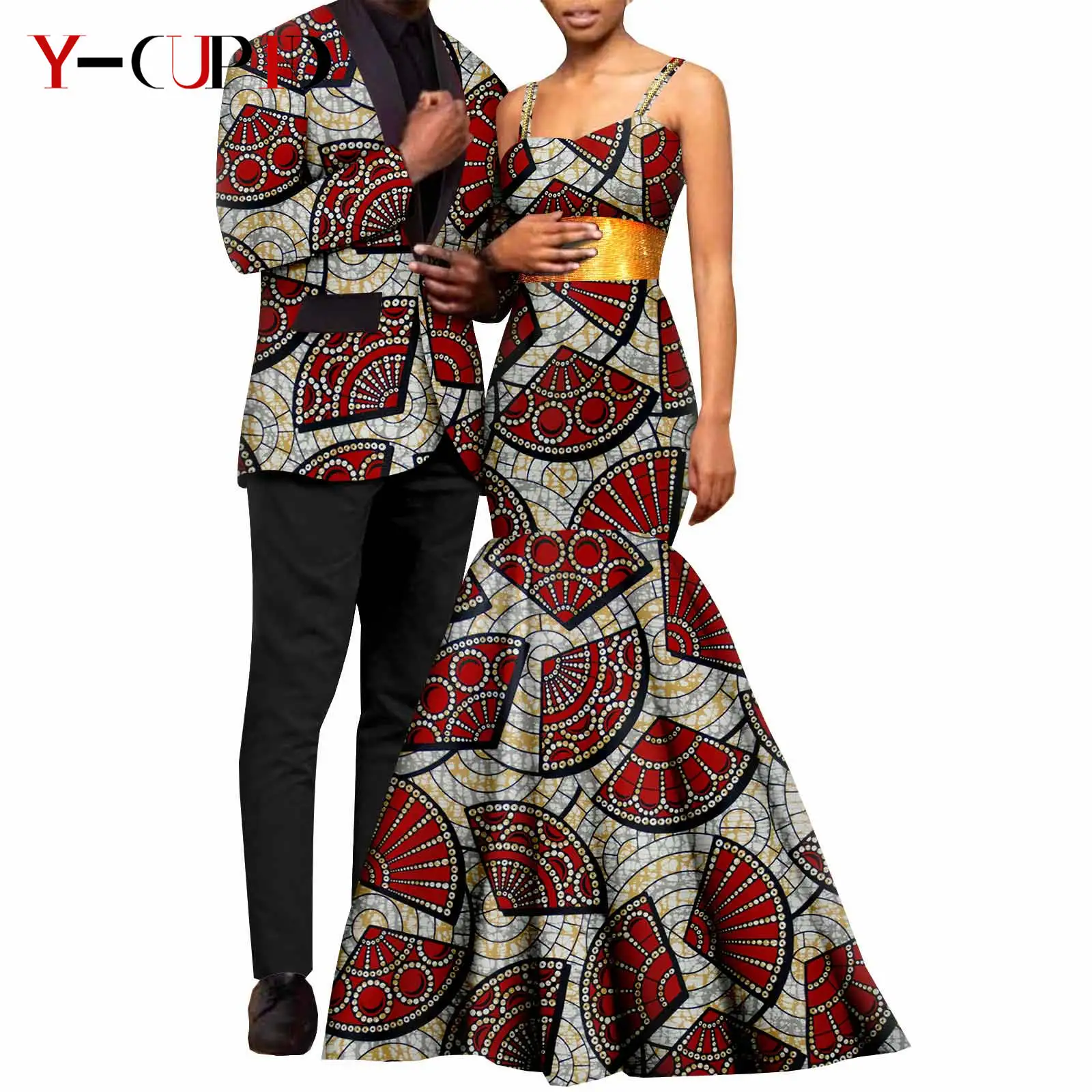 African Print Long Dresses for Women Matching Men Suits Outfits Dashiki Ankara Jackets Coats Bazin Riche Wedding Wear Y23C065