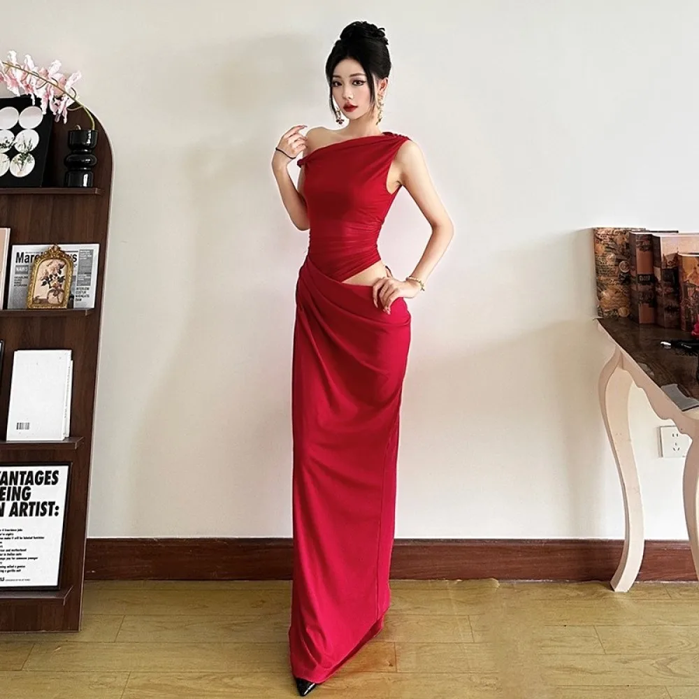 SylCue Sexy See Through Maxi Dress Women Irregular Skew Collar Hollow Solid Skinny Midnight Fashion Prom Party Elegant Vestidos