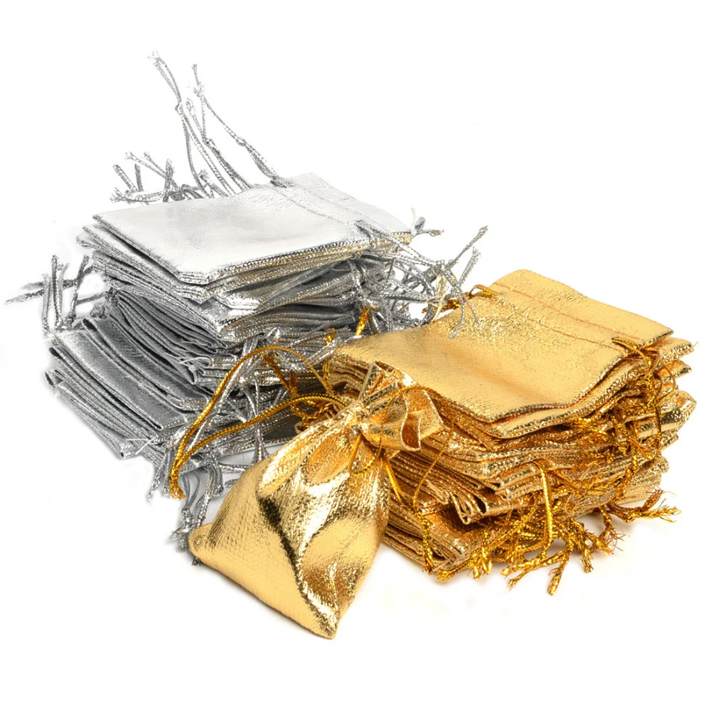 50pcs 5x7cm 7x9cm 9x12cm Metallic Foil Jewelry Packing Silver/Gold Color Drawstring Bag,Wedding Gift Candy Bags&Pouches