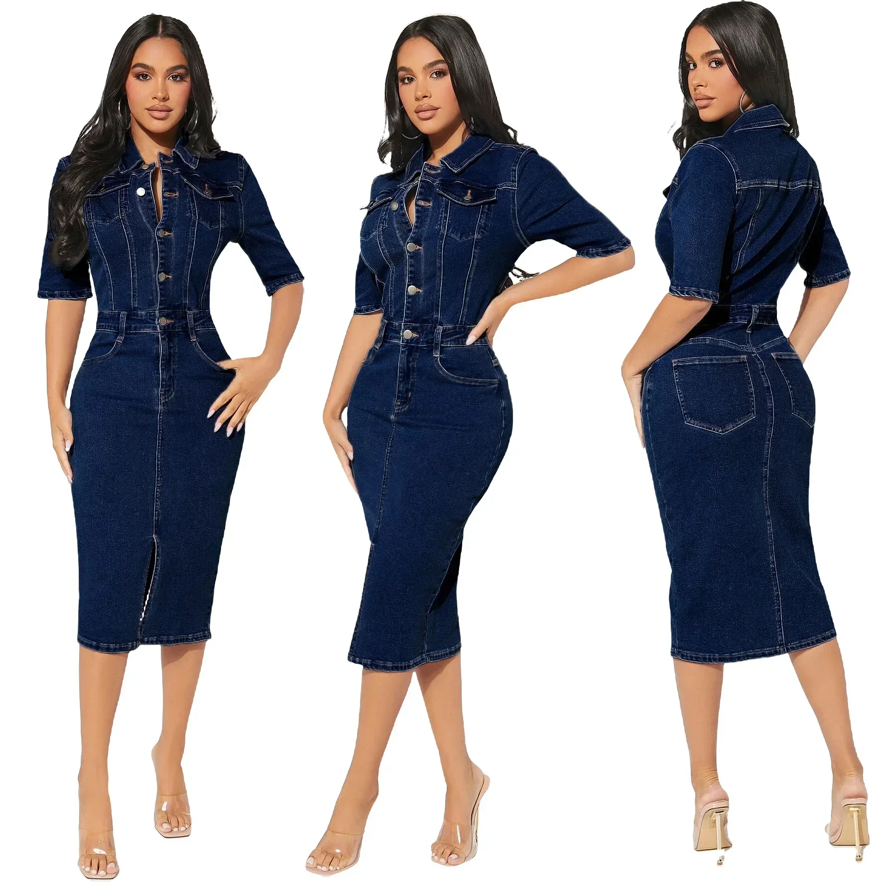 

Women Dresses Turn Down Collar Single Breasted Solid Denim Slim Fit Washing Button Ankle Length Sheath Dress Sexy Basics 2025