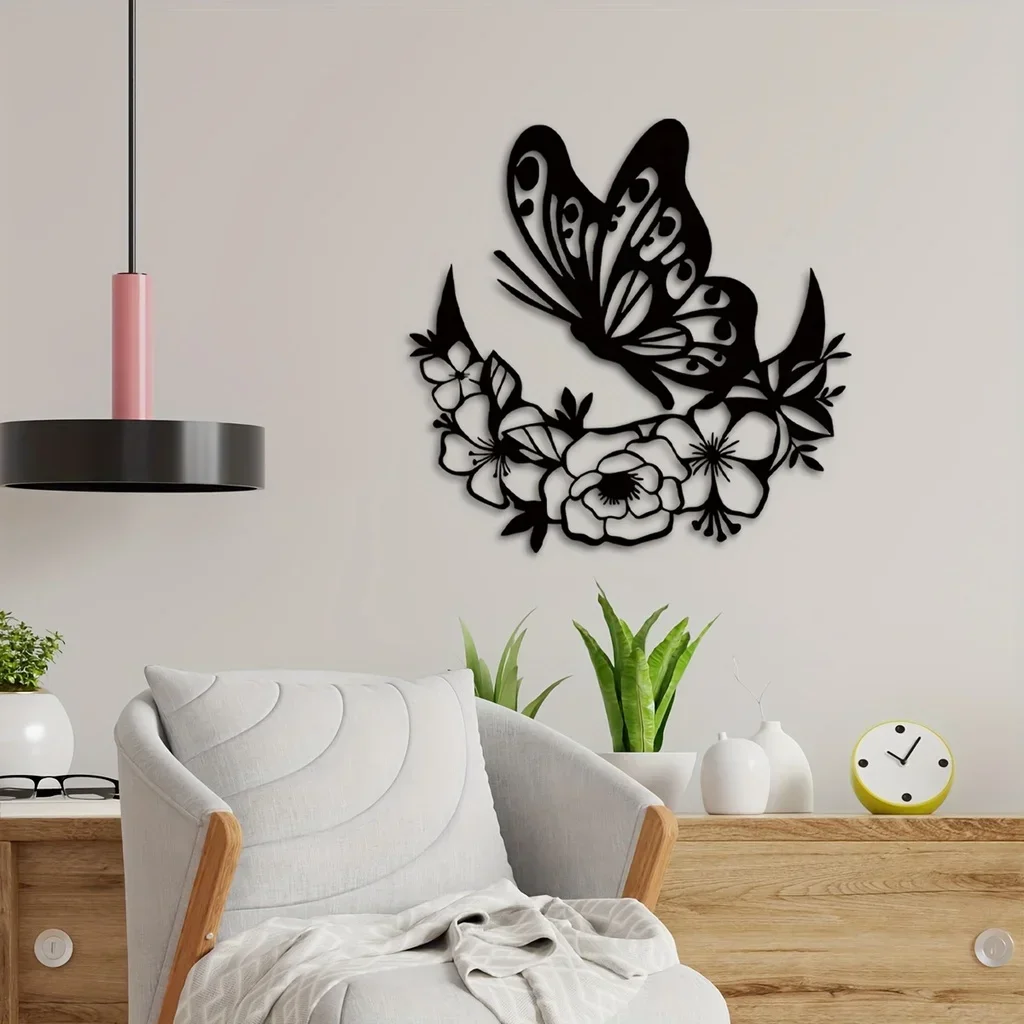 Moon Metal Floral Art Home Decor, Moon Phase Boho Wall Decor Flower and Butterfly Metal Wall Art Moon Home Decor Livingroom