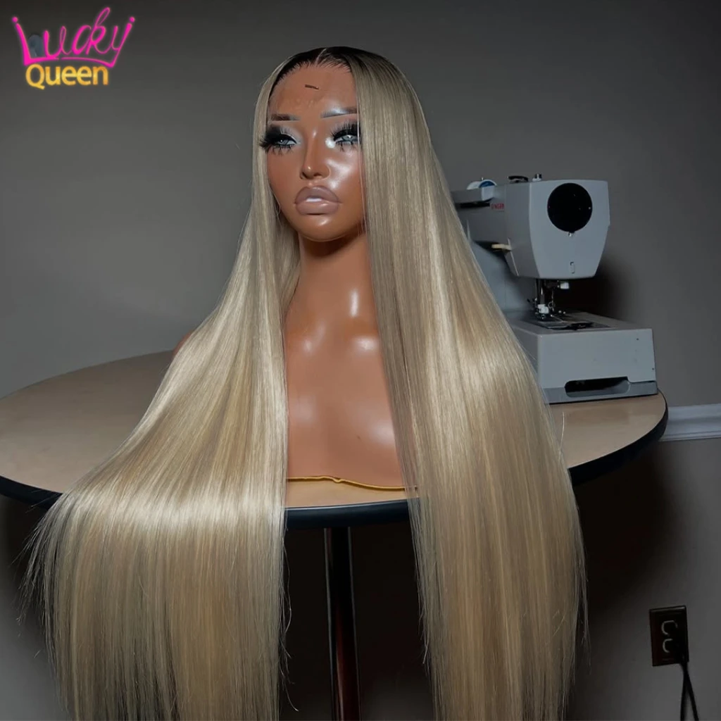 

12A Upgrade Ash Blonde Ombre Straight Human Hair 180Density Remy Frontal Wigs Brazilian 7X5Glueless Transparent Lace Pre Plucked